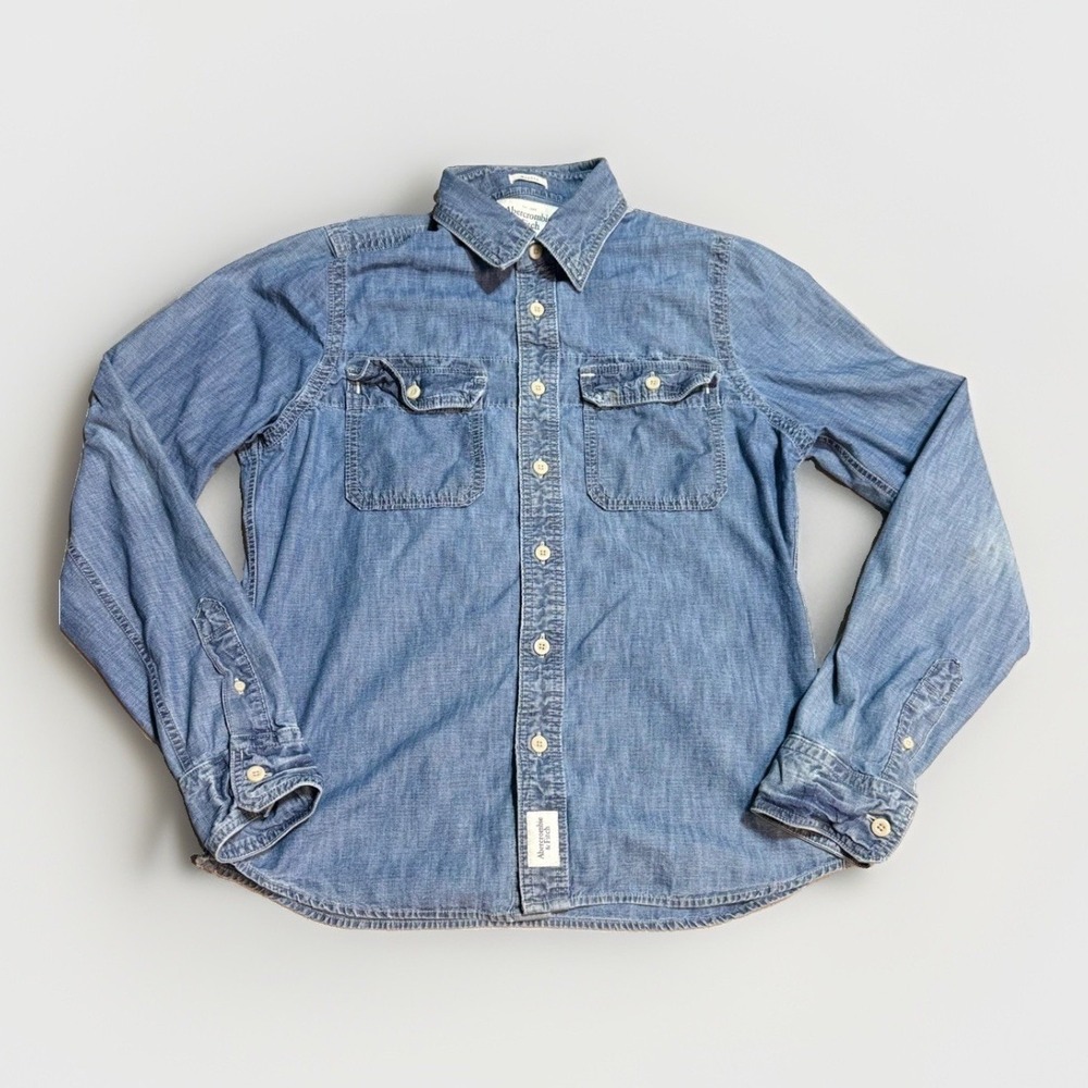 Abercrombie & Fitch Y2K denim Shirt XXL Muscle Fit Blue Chambray Long Sleeve